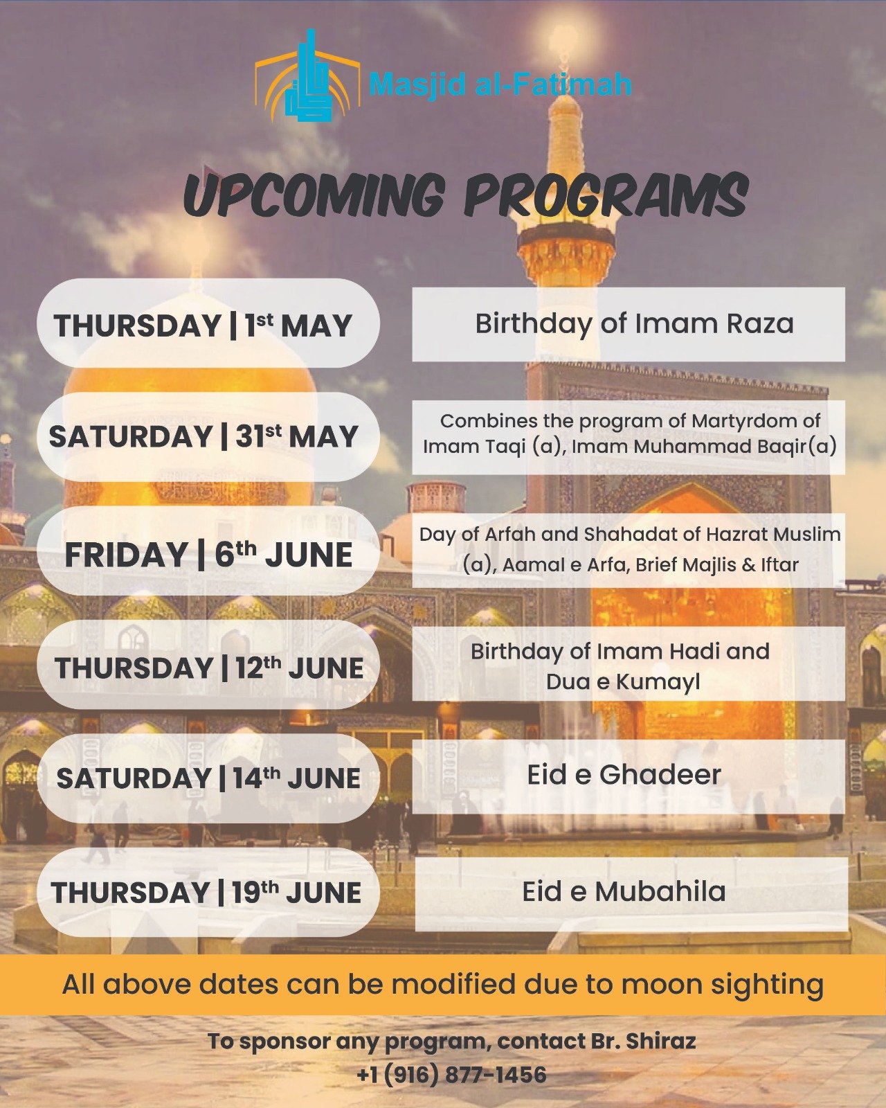 Masjid al-Fatimah Upcoming Programs